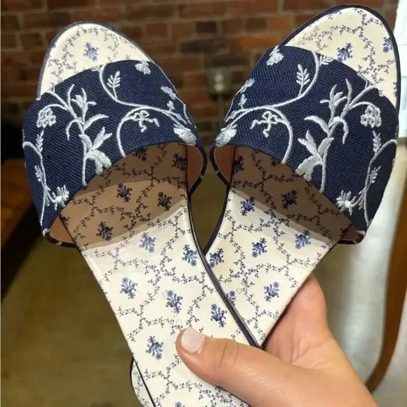 Hill House The City Slide in Navy Embroidery - Blue Floral Mule Sandals sz 41 - Picture 8 of 10